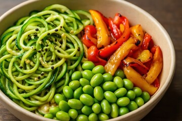 Fresh Vegetable Bowl with Zucchini Noodles, Edamame, and Grilled Red Peppers
