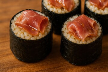 Savory Sushi Rolls with Delicate Slices of Meat on a Wooden Surface