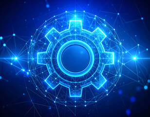 Technological Gear: A glowing gear emblem is surrounded by intricate digital connections in a captivating visualization. Perfect for representing innovation, progress, and digital solutions.