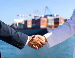 Handshake: Two business partners, one in a suit, the other in traditional attire, seal a deal with a firm handshake against the backdrop of a large container ship. A symbol of global trade.