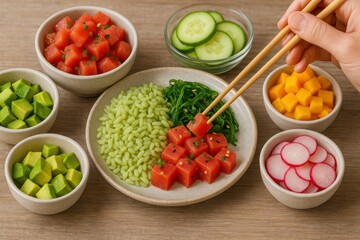 Fresh Fruits and Vegetables Arranged in Bowls with Hand Holding Chopsticks for Healthy Meal