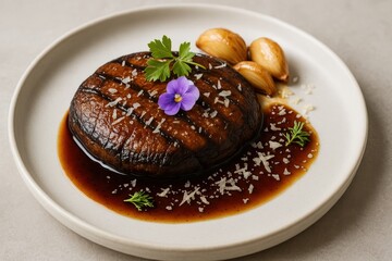 Grilled Portobello Mushroom with Garnish of Vegetables and Herbs on a White Plate