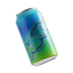 A single soda can with a blue and green design floating in a black background on a slight angle