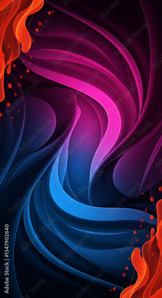 Poster abstract background with dynamic blue and pink waves and orange splashes, creating a vibrant and ene