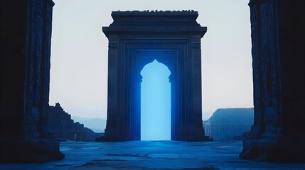 Fototapeta premium Ancient ruins, Archway, Architecture, Glowing Blue Portal in Ancient Ruins