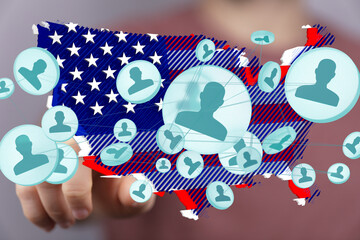 Visual representation of social connections across the United States. Network, community, digital.