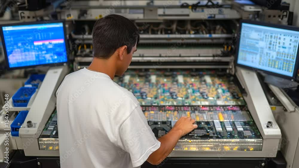 Aufkleber technician operates precision placement machinery to integrate microchips on dense pcb panels, surro