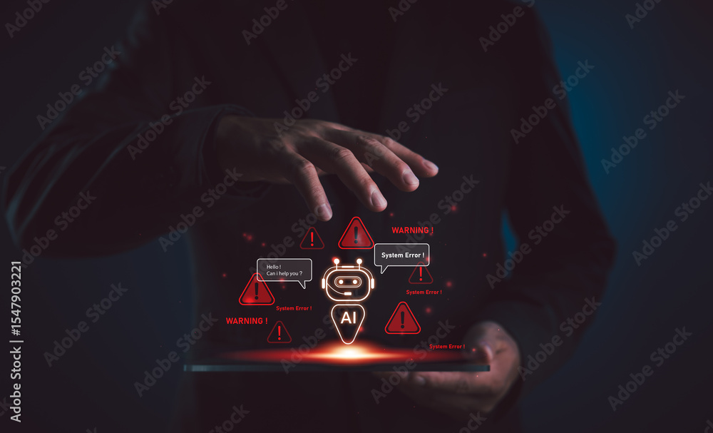Poster ai chatbot error concept illustrating system malfunction and warning signs. ideal for depicting arti