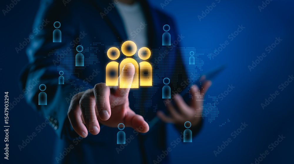 Poster crm concept with digital customer management interface and global network, ideal for showcasing cust