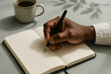 Person writing in a blank notebook with a pen while enjoying a cup of coffee, natural light casting soft shadows on the table