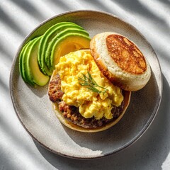 A delectable breakfast sandwich featuring fluffy scrambled eggs, ripe avocado slices, and juicy sausage patty on a fresh bun, served on a ceramic plate with natural lighting.