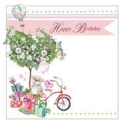 illustration Happy Birthday with bicycle, bear toy, gifts, on white background
