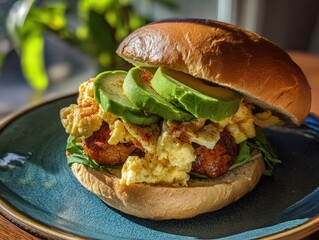 A delectable breakfast sandwich featuring fluffy scrambled eggs, ripe avocado slices, and juicy sausage patty on a fresh bun, served on a ceramic plate with natural lighting.