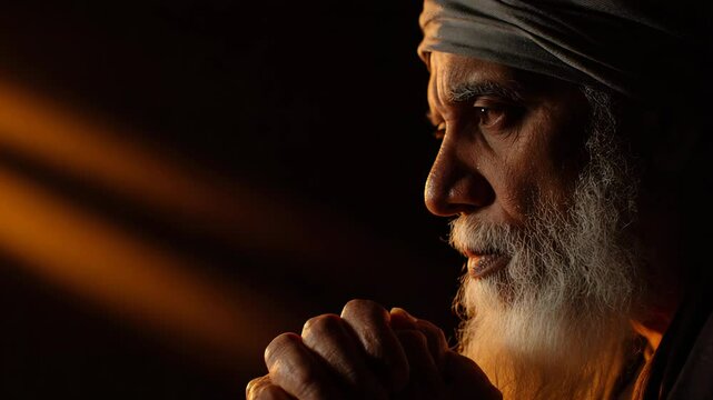 Elderly Man Praying in Contemplative Silence with Sunlit Background