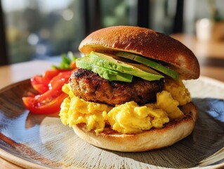 A delectable breakfast sandwich featuring fluffy scrambled eggs, ripe avocado slices, and juicy sausage patty on a fresh bun, served on a ceramic plate with natural lighting.