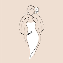 Continuous line drawing of a girl in a wedding dress and vail. Silhouette of the bride. Minimalist black linear sketch isolated on white background. Hand drawn vector illustration.