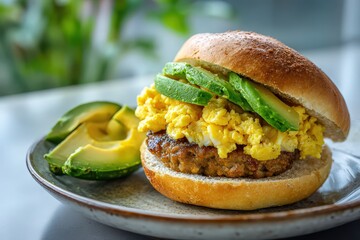 A delectable breakfast sandwich featuring fluffy scrambled eggs, ripe avocado slices, and juicy sausage patty on a fresh bun, served on a ceramic plate with natural lighting.