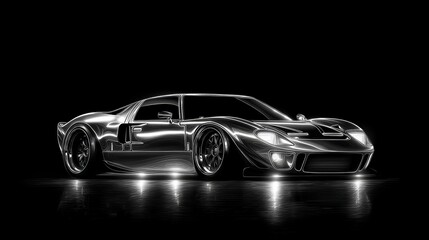 Fototapeta premium Sleek chrome sports car on reflective surface with black background