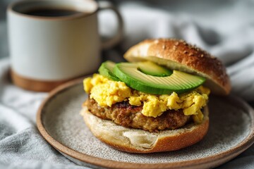 A delectable breakfast sandwich featuring fluffy scrambled eggs, ripe avocado slices, and juicy sausage patty on a fresh bun, served on a ceramic plate with natural lighting.