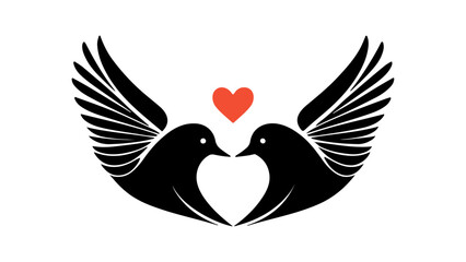 two birds loving each other beautiful simple black and white sign with heart in the middle, simple cute beautiful loving birds symbol with heart in middle