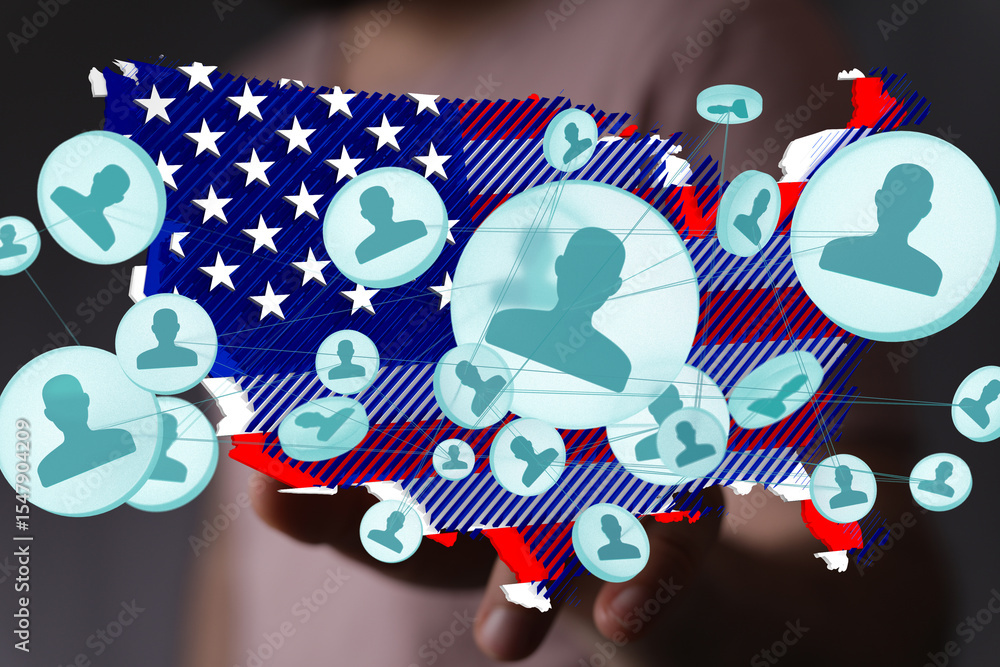 Poster Visual representation of social media networking within the United States.  Ideal for articles on social trends.