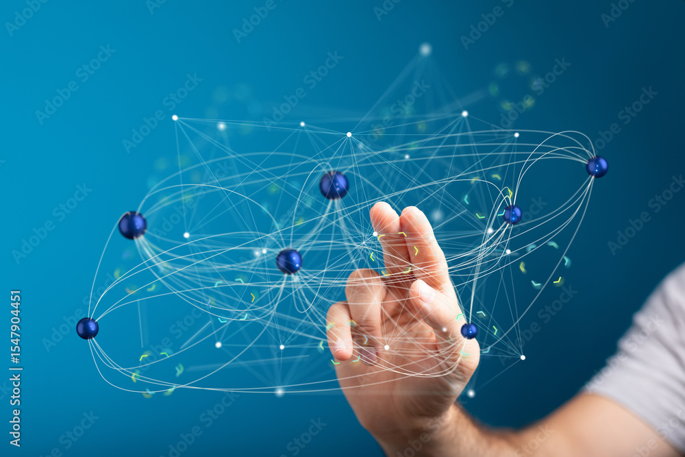 Poster Hand interacting with a digital network, illustrating global connectivity and data flow.