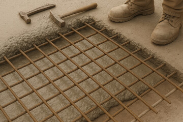 Worker preparing rusty steel reinforcement grid for concrete floor construction with boots and tools on dusty worksite