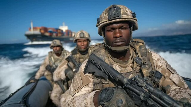 Under a radiant sky, armed soldiers clad in pristine uniforms row a small inflatable boat in unison toward a container ship, their vigilant expressions and tactical readiness servi