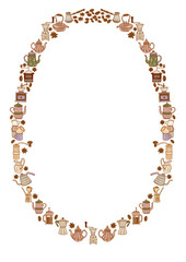 Coffee accessories for breakfast illustration. Cafe pattern border. Template isolated transparent round frame without background. Sweet aromatic hot seasonal drinks clipart. Cups, teapots, beans