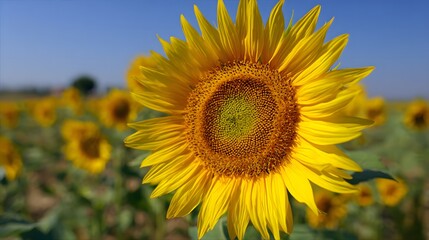 Naklejka premium Vibrant sunflower field under a clear blue sky brightens the natural landscape