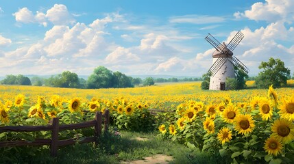 Scenic sunflower field with a historic windmill under a blue sky and fluffy clouds