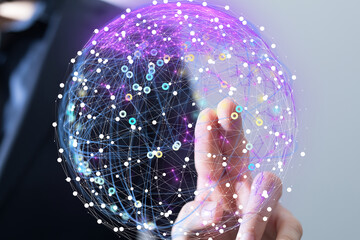 Image of hand interacting with a digital globe, representing global networking, technology, and...
