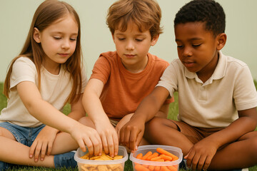Three diverse children sitting on grass sharing healthy snacks with carrot sticks and crackers in outdoor summer picnic setting