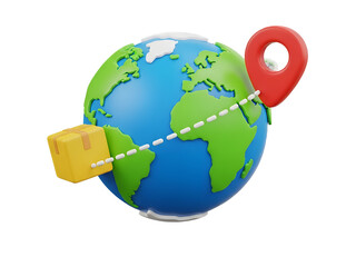 3D Worldwide Delivery Icon with Parcel Box, Location Pin and Globe for Global Shipping and Logistics Concepts Isolated on Transparent Background