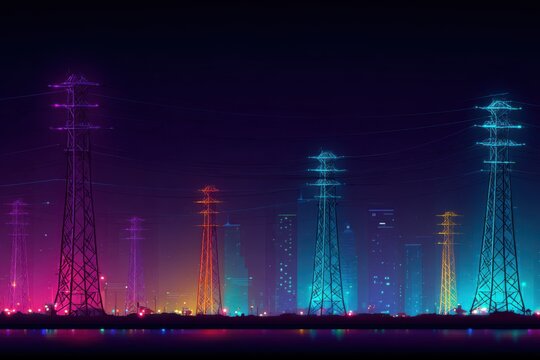 A futuristic city skyline at night featuring electric power tower illuminated with digital lights.  smart city with 6G towers in the background.