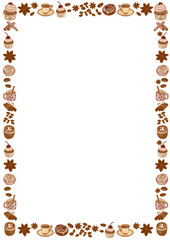 Sweet square confectionery frame with buns, cocoa and cinnamon for cafe cards design. Empty isolated template illustration on transparent background.