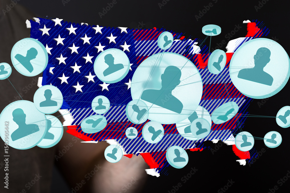 Poster image depicts a network of people connected across a us map, illustrating social connections and com