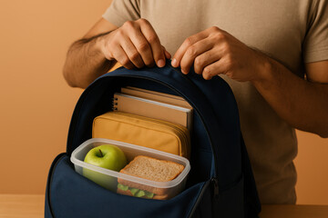 Person organizing lunch and notebooks inside backpack with apple and sandwich for school or work against neutral background