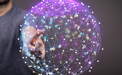 Abstract image of a hand interacting with a digital sphere representing global network connections...