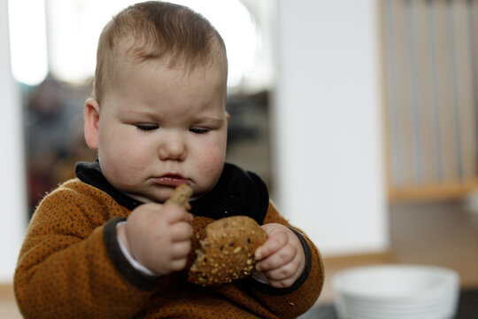 Cute baby happily munching on a piece of bread. Adorable toddler enjoying a healthy meal.