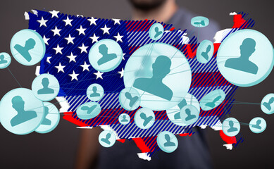 Visual representation of social connections within the United States.  Network map, USA flag,...