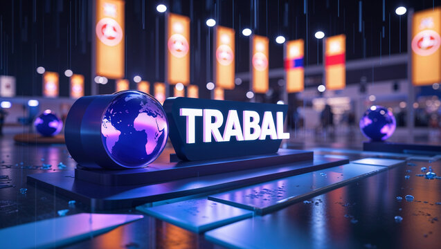 Digital representation of the word trabal with a 3d globe with an exhibition or event environment.