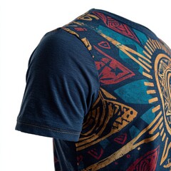 Close-up of a dark blue t-shirt with a colorful tribal print