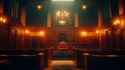 Courtroom, Judge, Chair, Judge's Chair in a Dark Wooden Courtroom