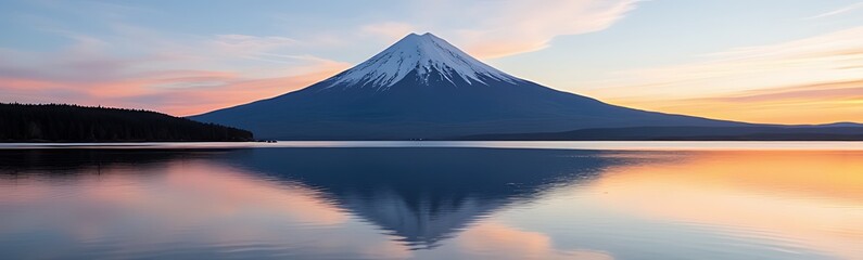Fototapeta premium Volcanic Mountain Morning Light Reflected Calm Waters Lake