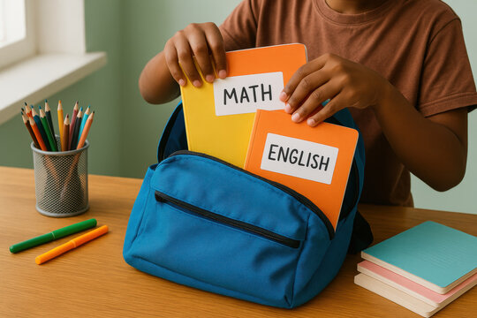 Young student organizing math and english notebooks into a blue backpack at a wooden desk with colorful pencils and supplies