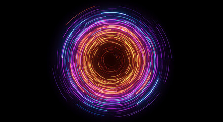 Abstract Neon Vortex: An abstract image features a mesmerizing vortex of vibrant neon lights, swirling in concentric circles of pink, orange, and blue hues against a stark black background.