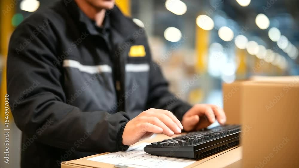 Aufkleber zoom on hands operating a rugged keyboard beside clipboard with shipping codes, warm backlight of sh