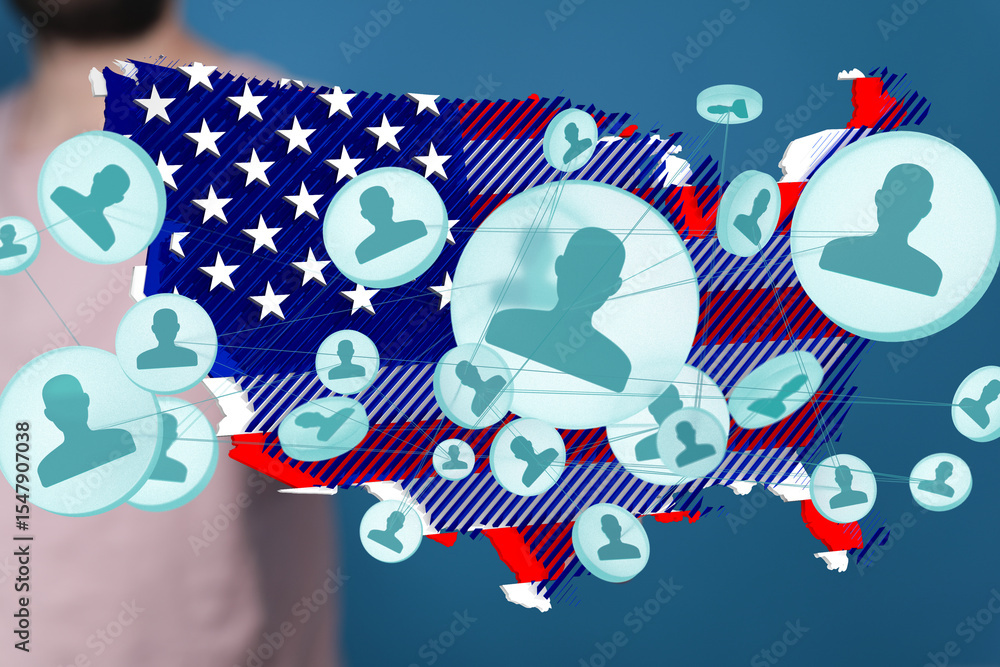 Poster visual representation of a social network across the united states. ideal for social media, communit