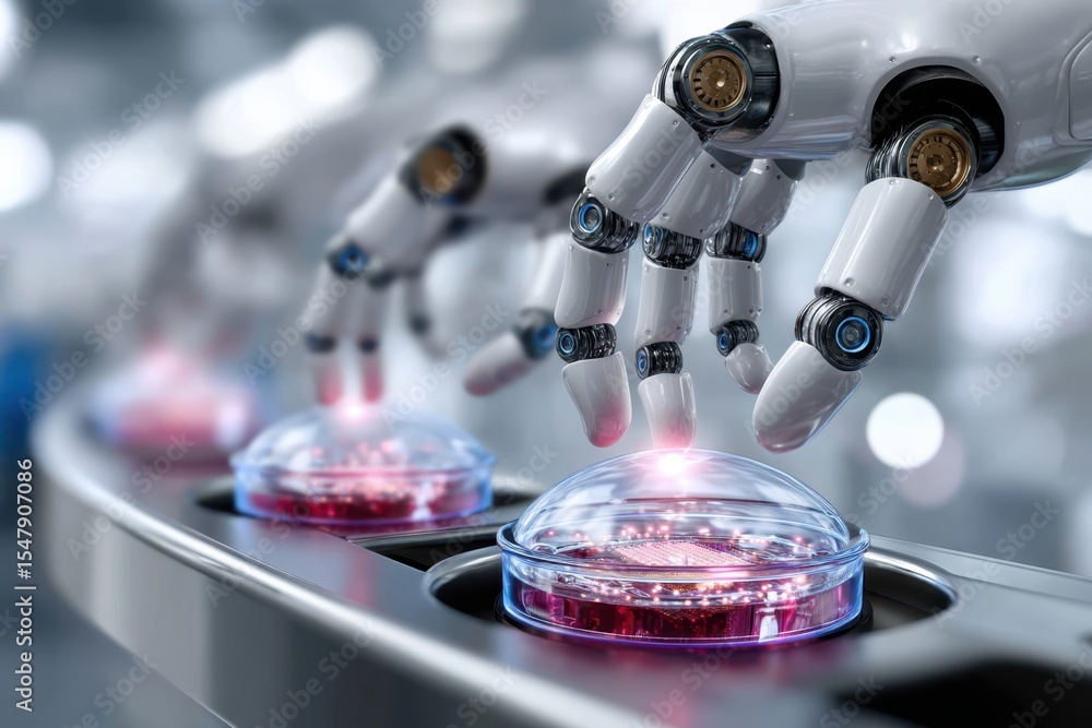 Poster robotic hands interacting with glowing buttons on a futuristic assembly line